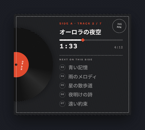 Vinyl テーマのプレビュー: スリーブを黒に・文字を白に